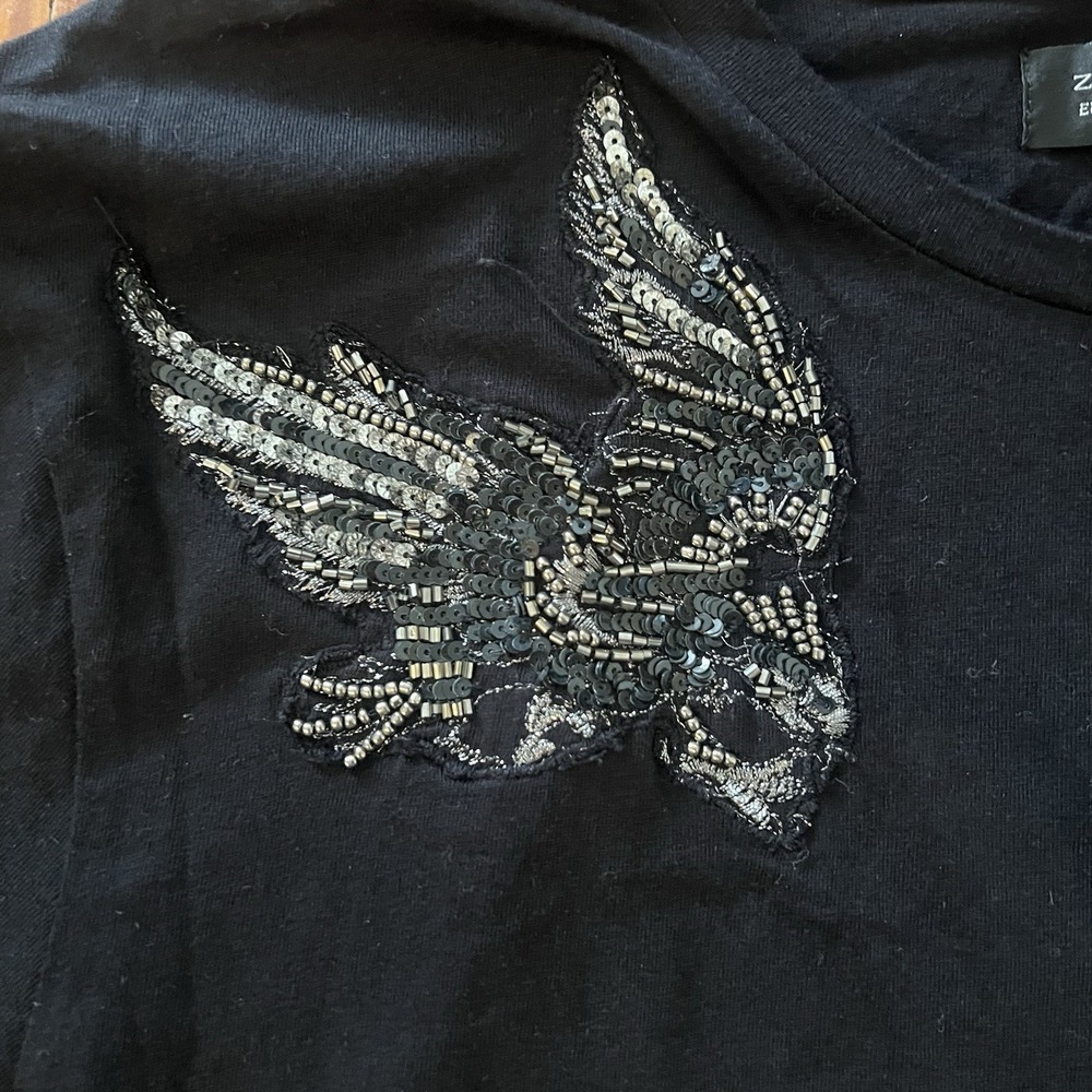 ZARA Man Black Beaded Sequin‎ Wing Graphic T-Shirt Size M Embroidered - Picture 8 of 10